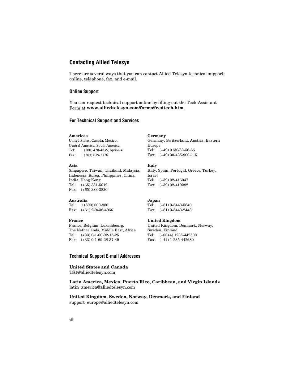 Contacting allied telesyn, Online support, For technical support and services | Technical support e-mail addresses | Allied Telesis AT-BSTACK1 User Manual | Page 8 / 34
