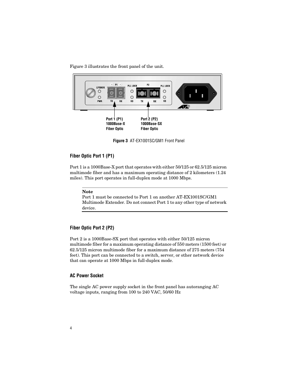 Fiber optic port 1 (p1), Fiber optic port 2 (p2), Ac power socket | Allied Telesis AT-EX1001SC/GM1 User Manual | Page 14 / 38