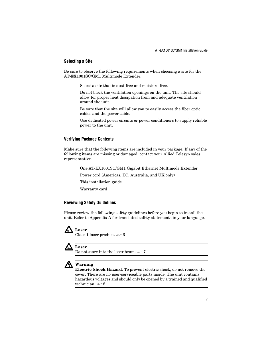 Selecting a site, Verifying package contents, Reviewing safety guidelines | Allied Telesis AT-EX1001SC/GM1 User Manual | Page 17 / 38