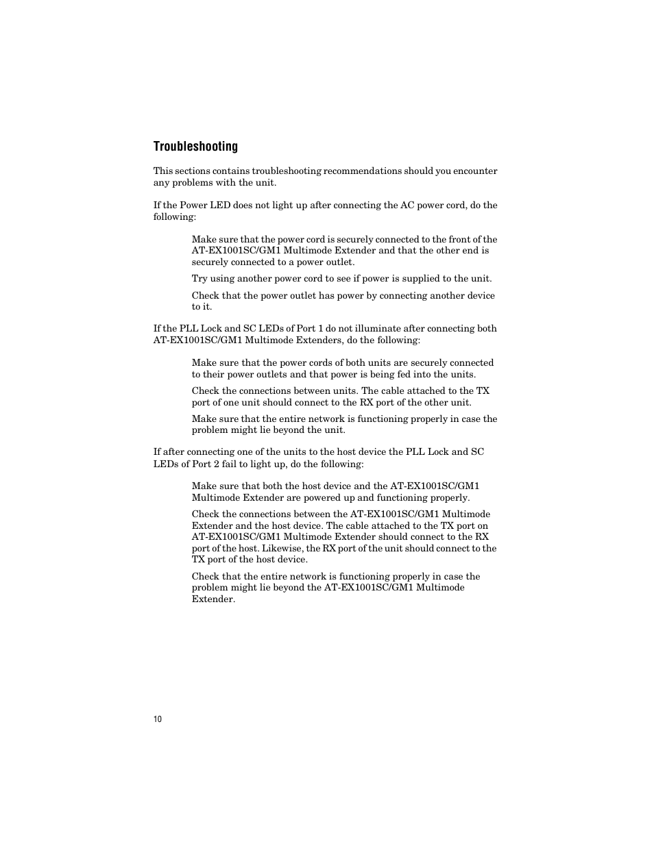 Troubleshooting | Allied Telesis AT-EX1001SC/GM1 User Manual | Page 20 / 38