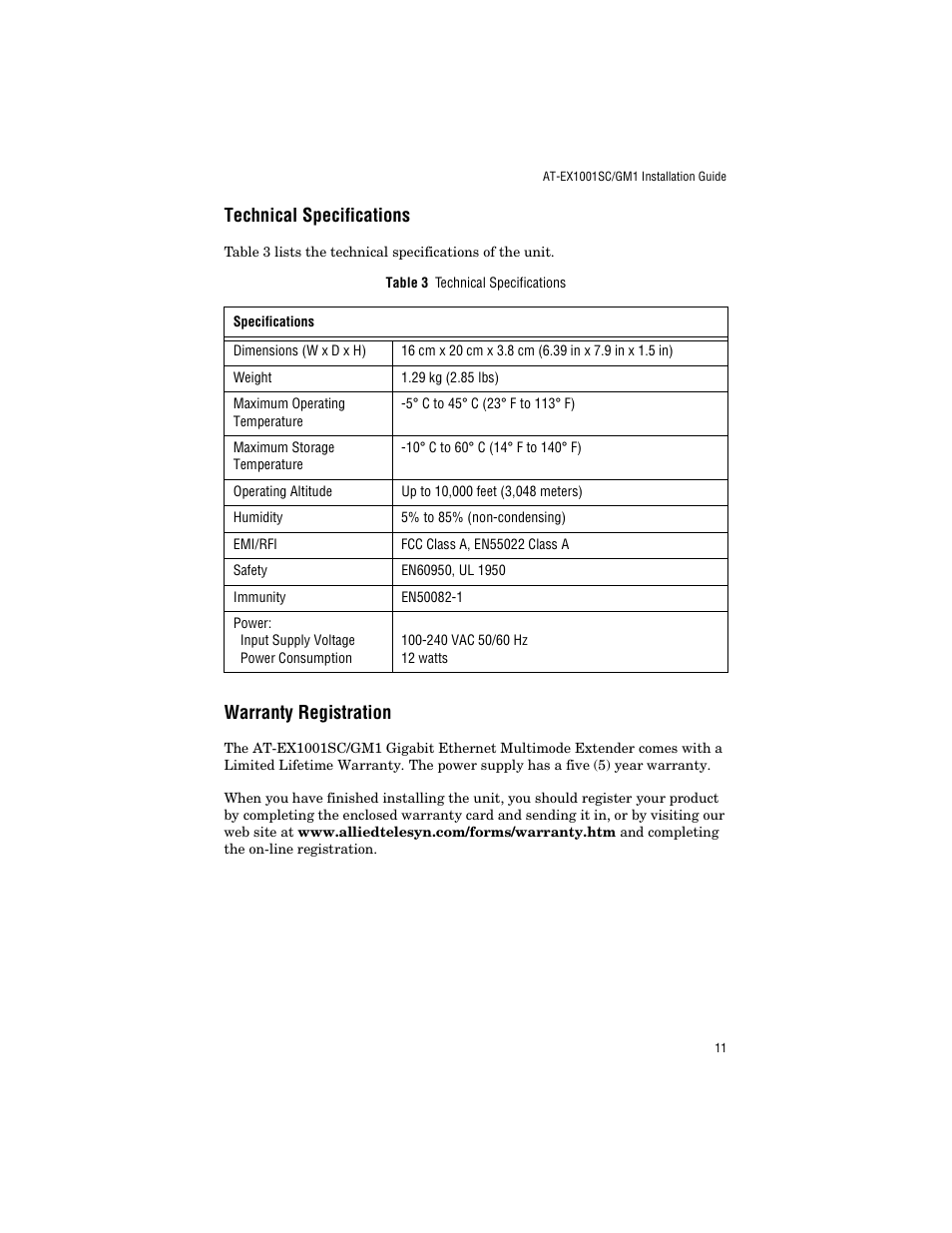 Technical specifications, Warranty registration, Technical specifications warranty registration | Allied Telesis AT-EX1001SC/GM1 User Manual | Page 21 / 38