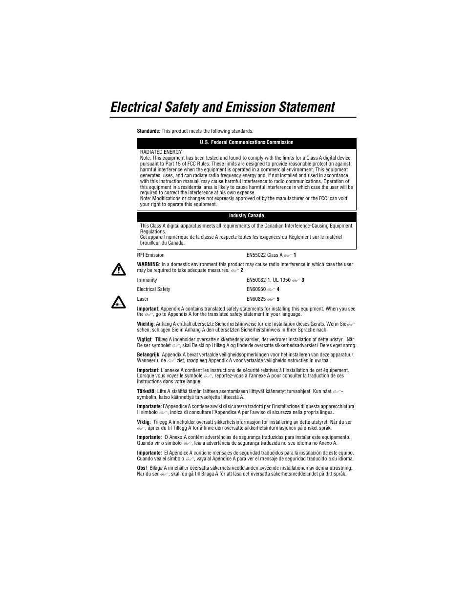 Electrical safety and emission statement | Allied Telesis AT-EX1001SC/GM1 User Manual | Page 3 / 38