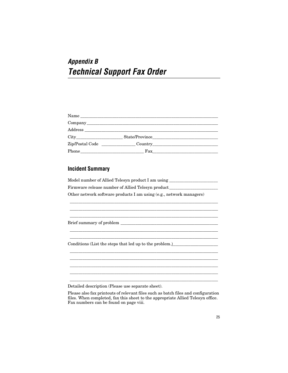 Appendix b, Technical support fax order, Incident summary | Appendix b technical support fax order | Allied Telesis AT-EX1001SC/GM1 User Manual | Page 35 / 38