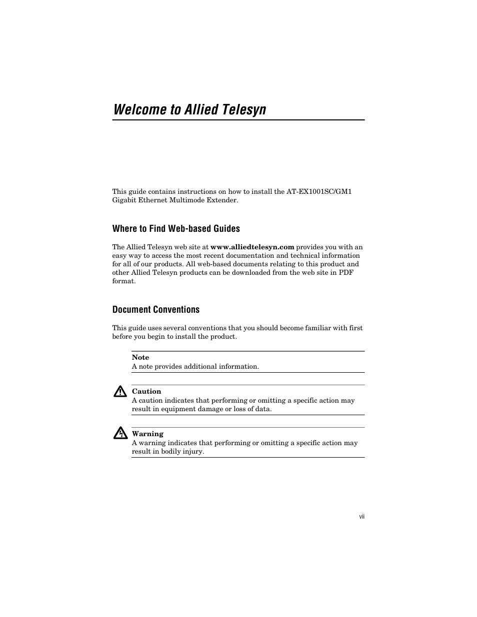 Welcome to allied telesyn, Where to find web-based guides, Document conventions | Allied Telesis AT-EX1001SC/GM1 User Manual | Page 7 / 38