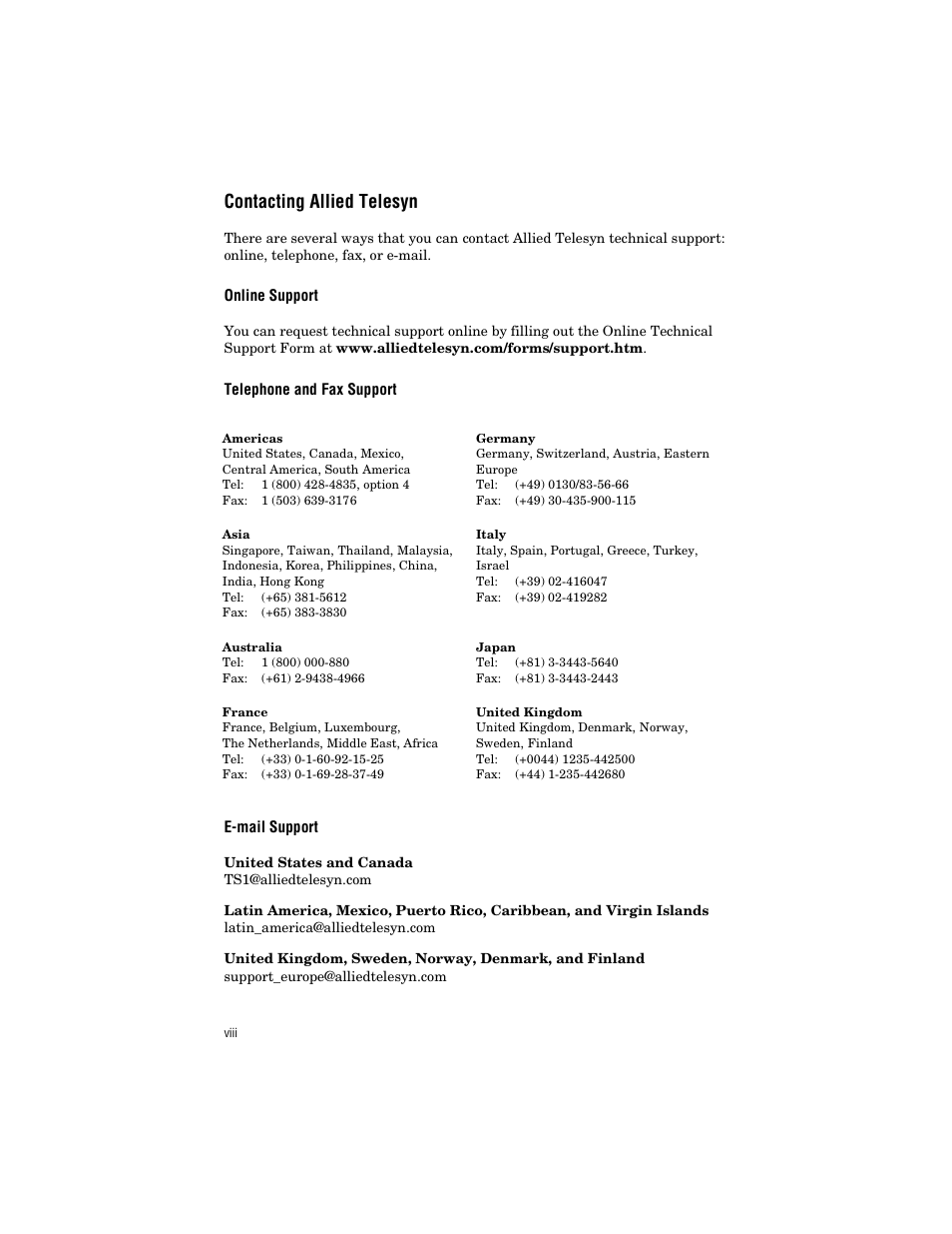 Contacting allied telesyn, Online support, Telephone and fax support | E-mail support | Allied Telesis AT-EX1001SC/GM1 User Manual | Page 8 / 38