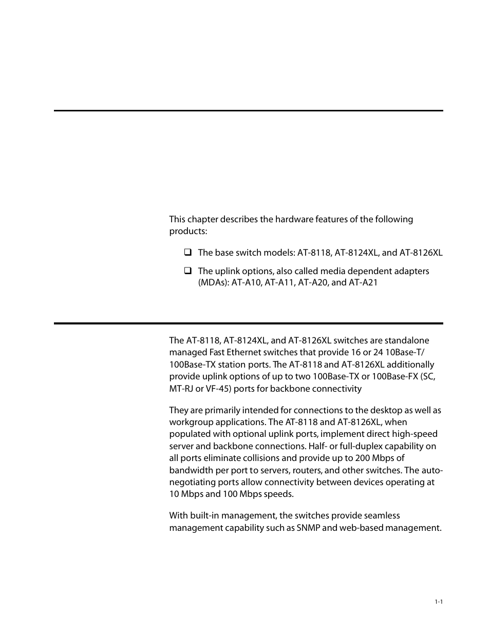 Chapter1, Hardware description, The base switch models | Chapter 1, The base switch models -1, Chapter 1, hardware description | Allied Telesis AT-8126XL User Manual | Page 11 / 60