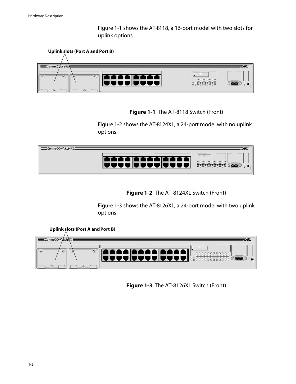 Uplink slots (port a and port b), Hardware description 1-2 | Allied Telesis AT-8126XL User Manual | Page 12 / 60