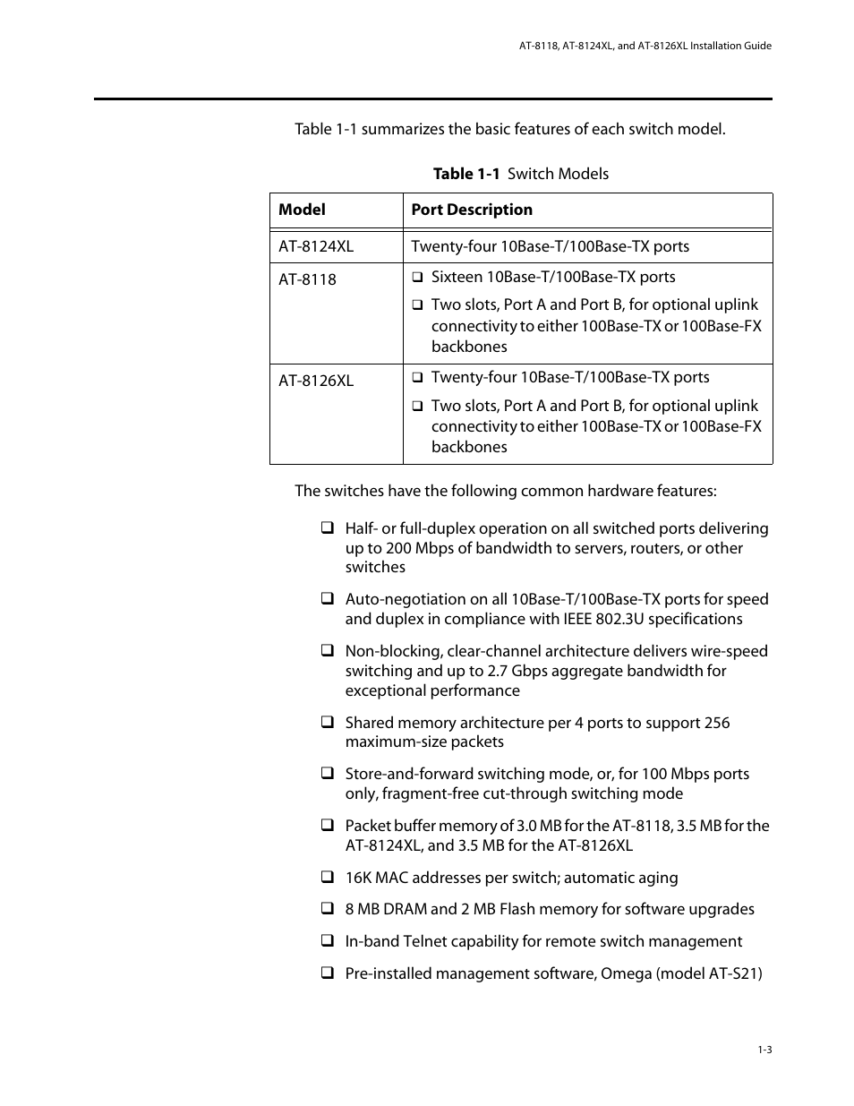 Hardware features, Hardware features -3 | Allied Telesis AT-8126XL User Manual | Page 13 / 60