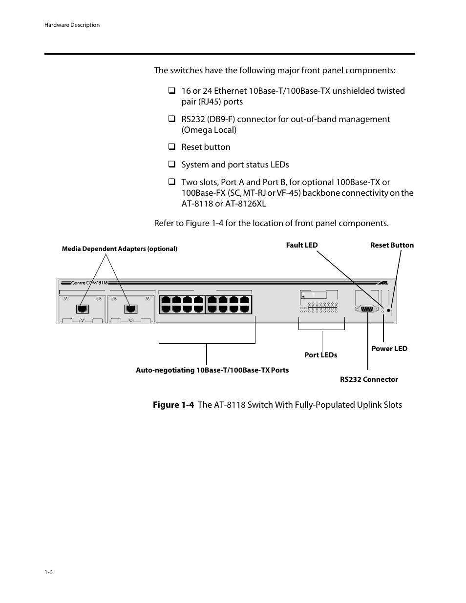 Physical description, Physical description -6, Power led | Media dependent adapters (optional), Hardware description 1-6 | Allied Telesis AT-8126XL User Manual | Page 16 / 60