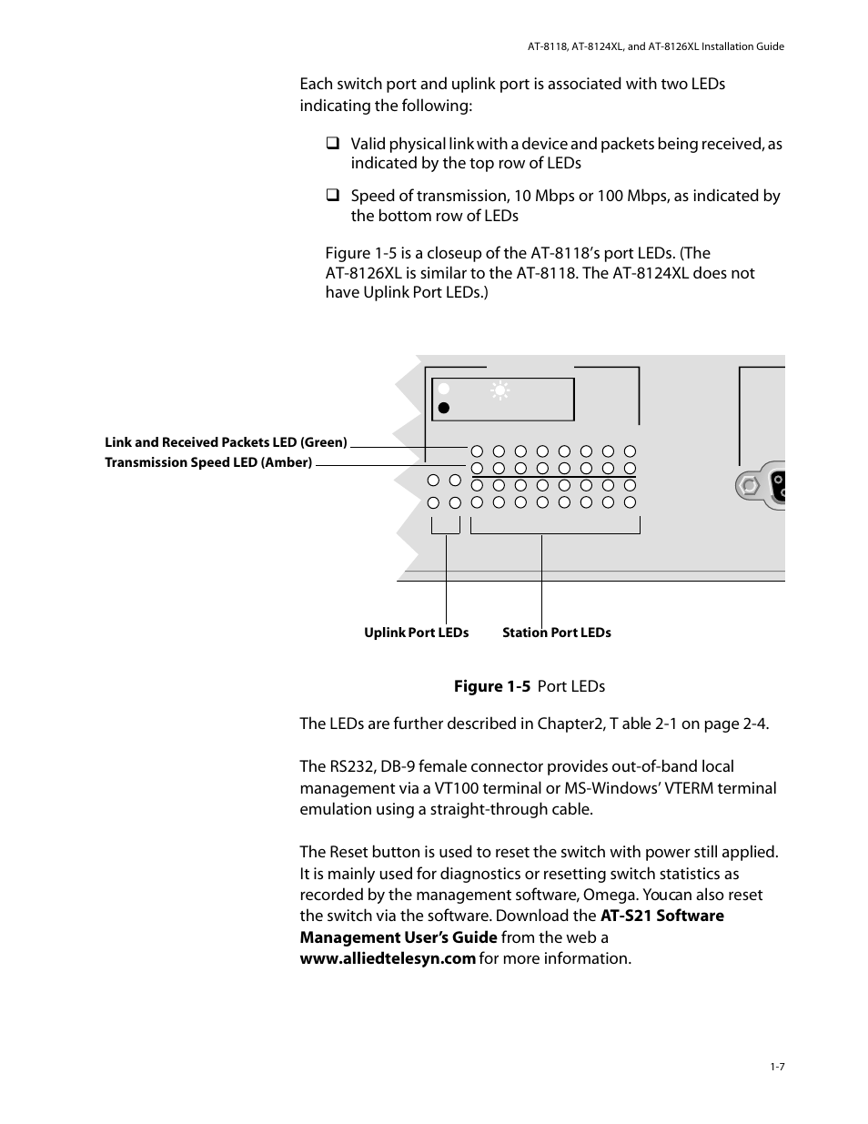 Port leds, Rs232 connector, Reset button | Port leds -7 rs232 connector -7 reset button -7 | Allied Telesis AT-8126XL User Manual | Page 17 / 60