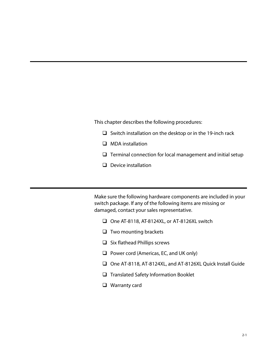 Chapter 2, Installation, Verifying your switch package contents | Verifying your switch package contents -1, Chapter 2, installation | Allied Telesis AT-8126XL User Manual | Page 23 / 60
