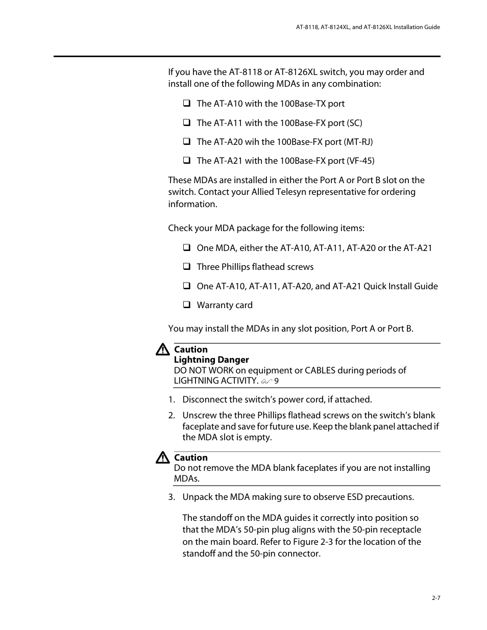 Installing the media dependent adapters (mdas), Mda package contents, Mda installation | Installing the media dependent adapters (mdas) -7, Mda package contents -7 mda installation -7 | Allied Telesis AT-8126XL User Manual | Page 29 / 60