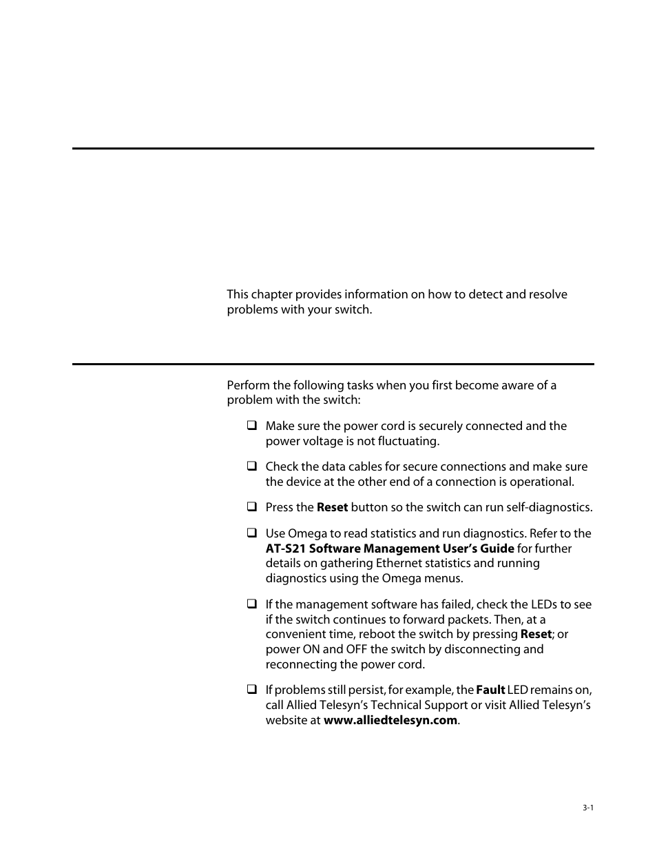 Chapter3, Troubleshooting, At the first sign of a problem | Chapter 3, At the first sign of a problem -1, Chapter 3, troubleshooting | Allied Telesis AT-8126XL User Manual | Page 35 / 60