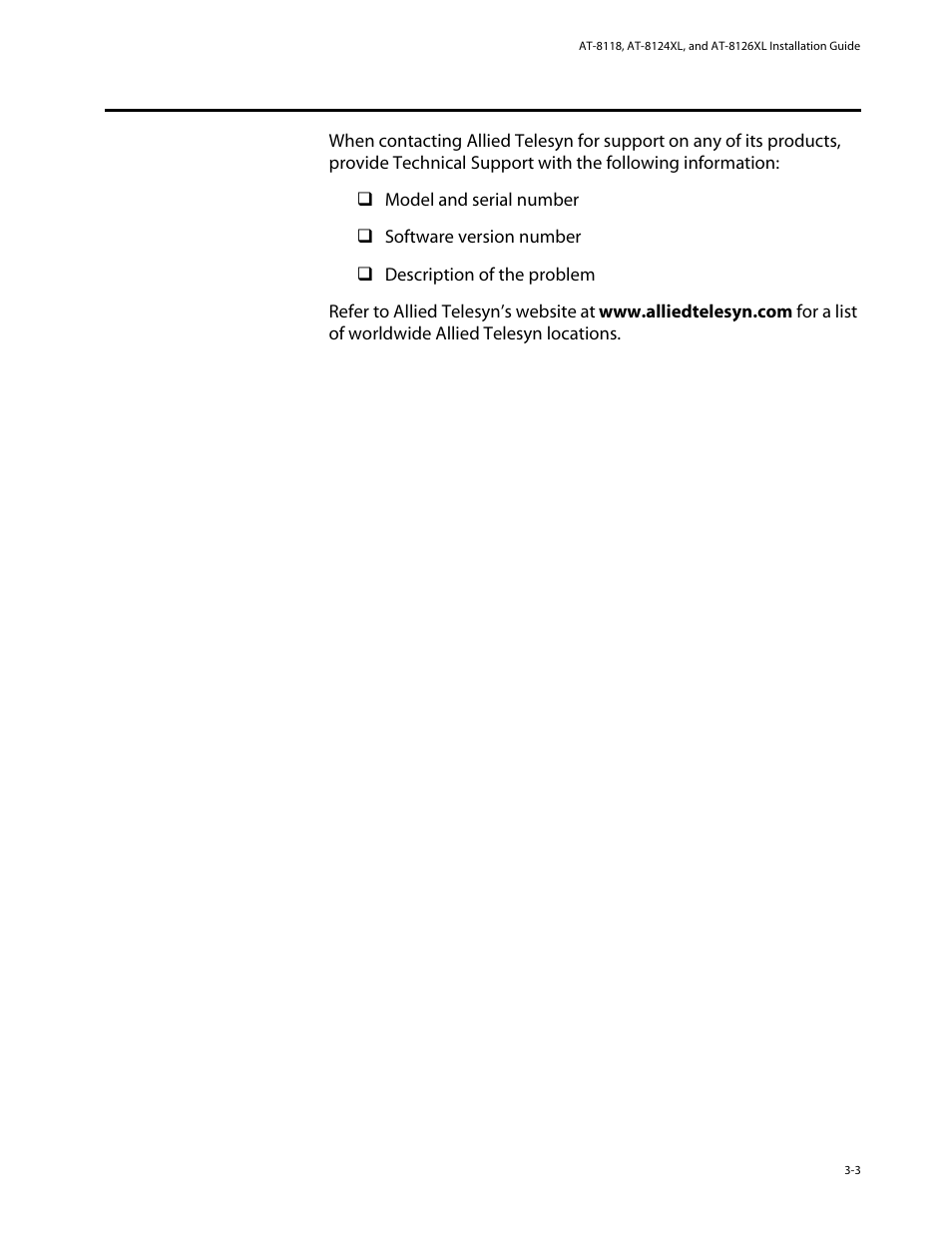 Calling technical support, Calling technical support -3 | Allied Telesis AT-8126XL User Manual | Page 37 / 60