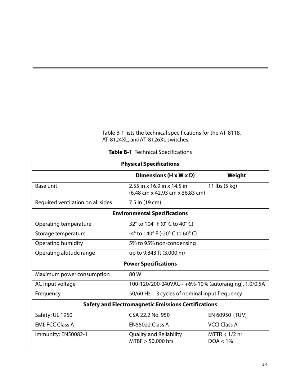 Appendixb, Technical specifications, Appendix b | Appendix b, technical specifications | Allied Telesis AT-8126XL User Manual | Page 55 / 60