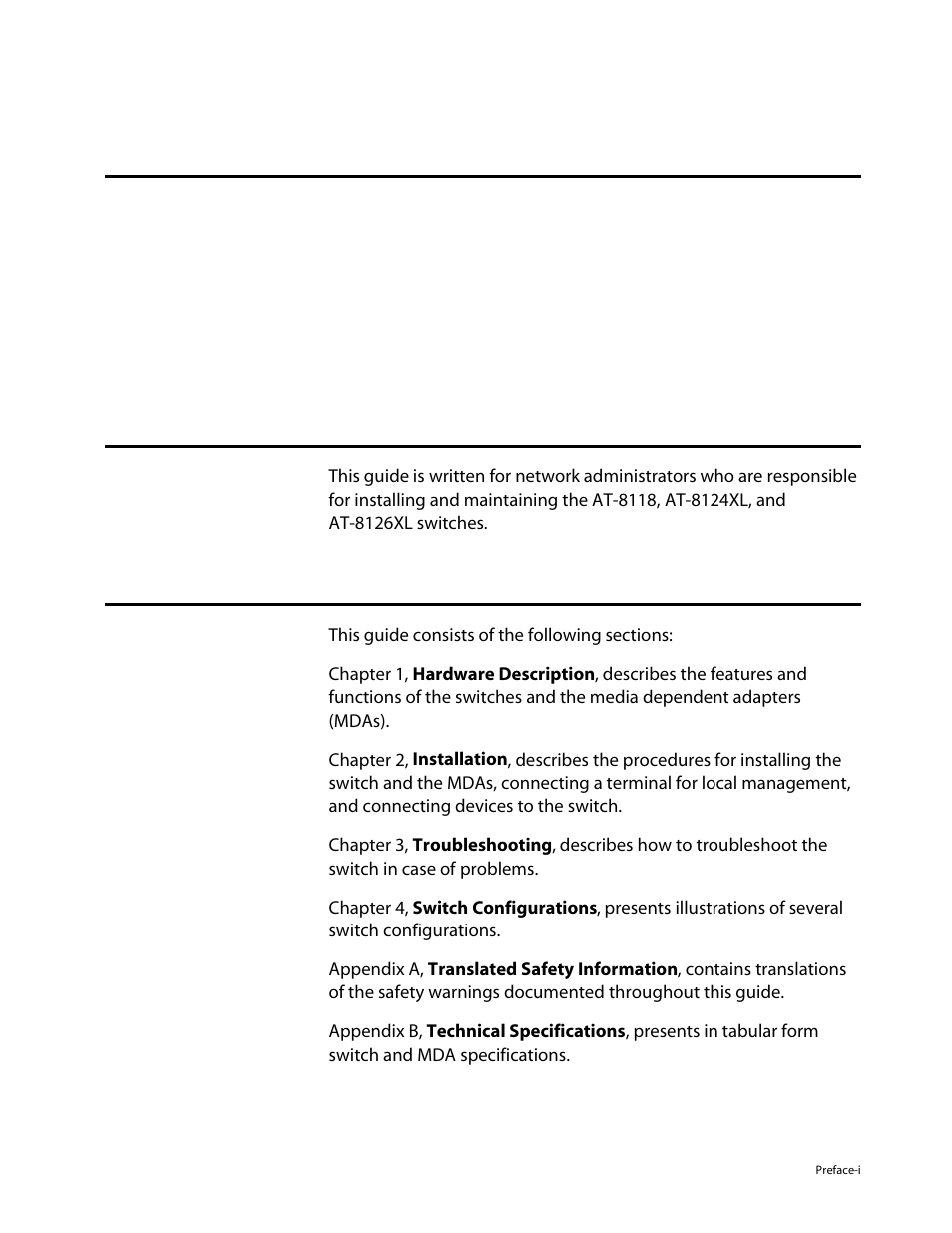 Preface, Purpose of this guide, How this guide is organized | Allied Telesis AT-8126XL User Manual | Page 7 / 60