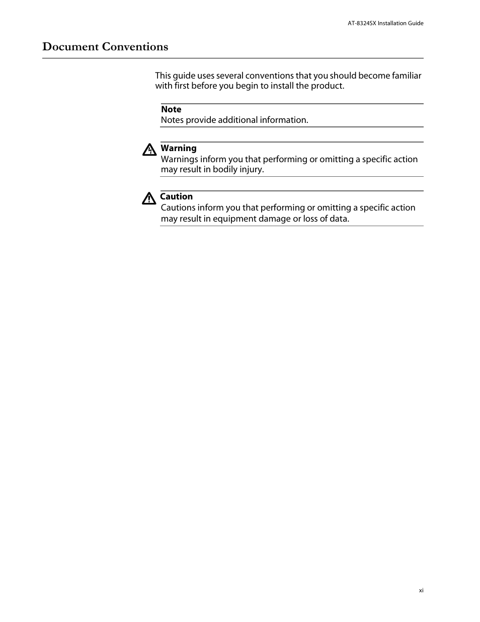 Document conventions | Allied Telesis AT-8324SX User Manual | Page 11 / 81