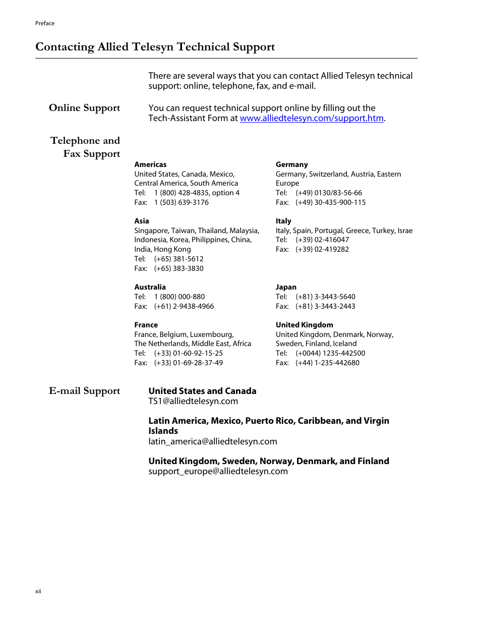 Contacting allied telesyn technical support, Online support, Telephone and fax support | E-mail support, Telephone and fax suppor, Telephone and fax support e-mail support | Allied Telesis AT-8324SX User Manual | Page 12 / 81
