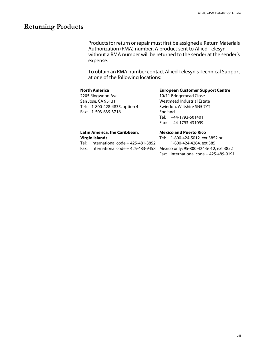 Returning products | Allied Telesis AT-8324SX User Manual | Page 13 / 81