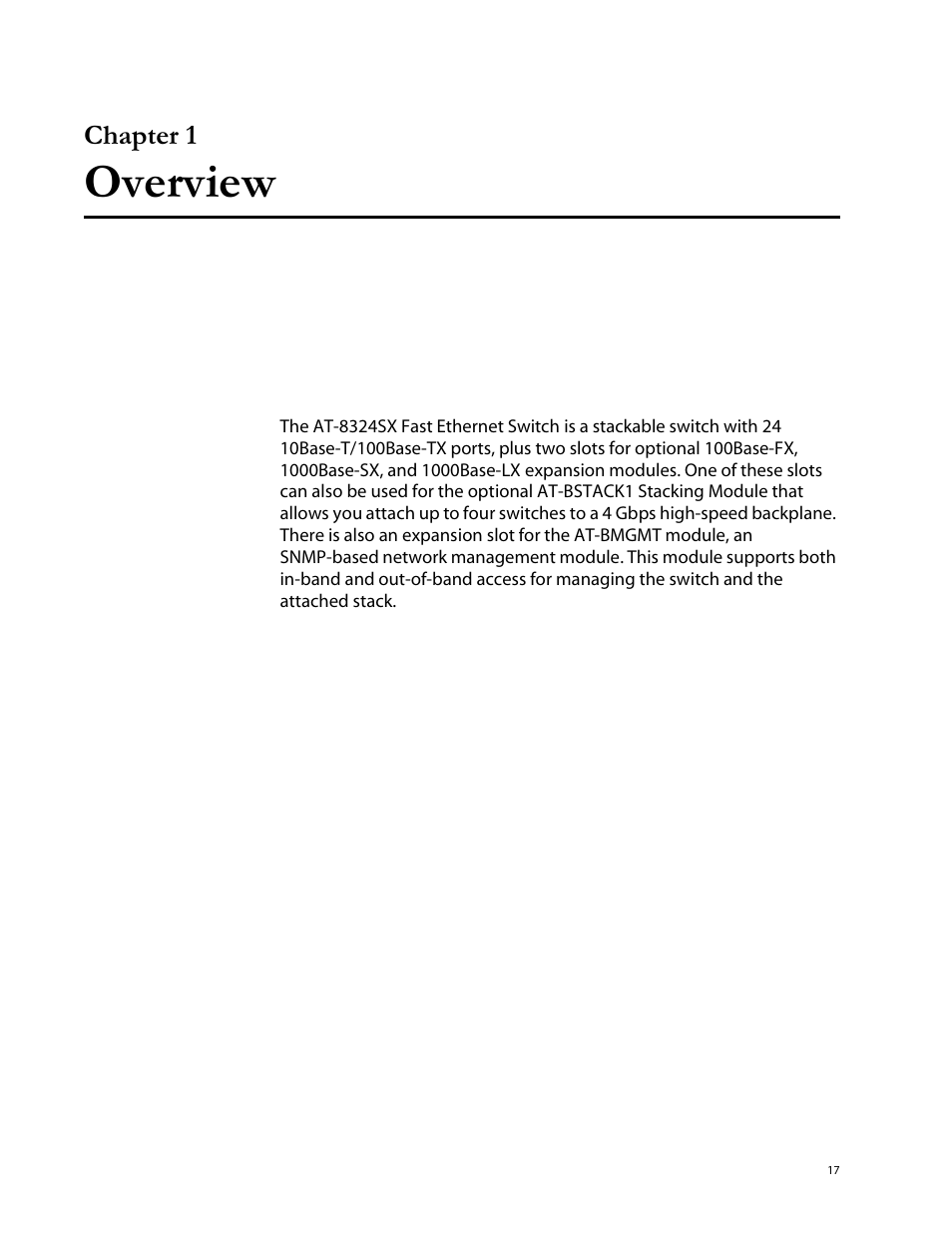 Chapter 1, Overview | Allied Telesis AT-8324SX User Manual | Page 17 / 81