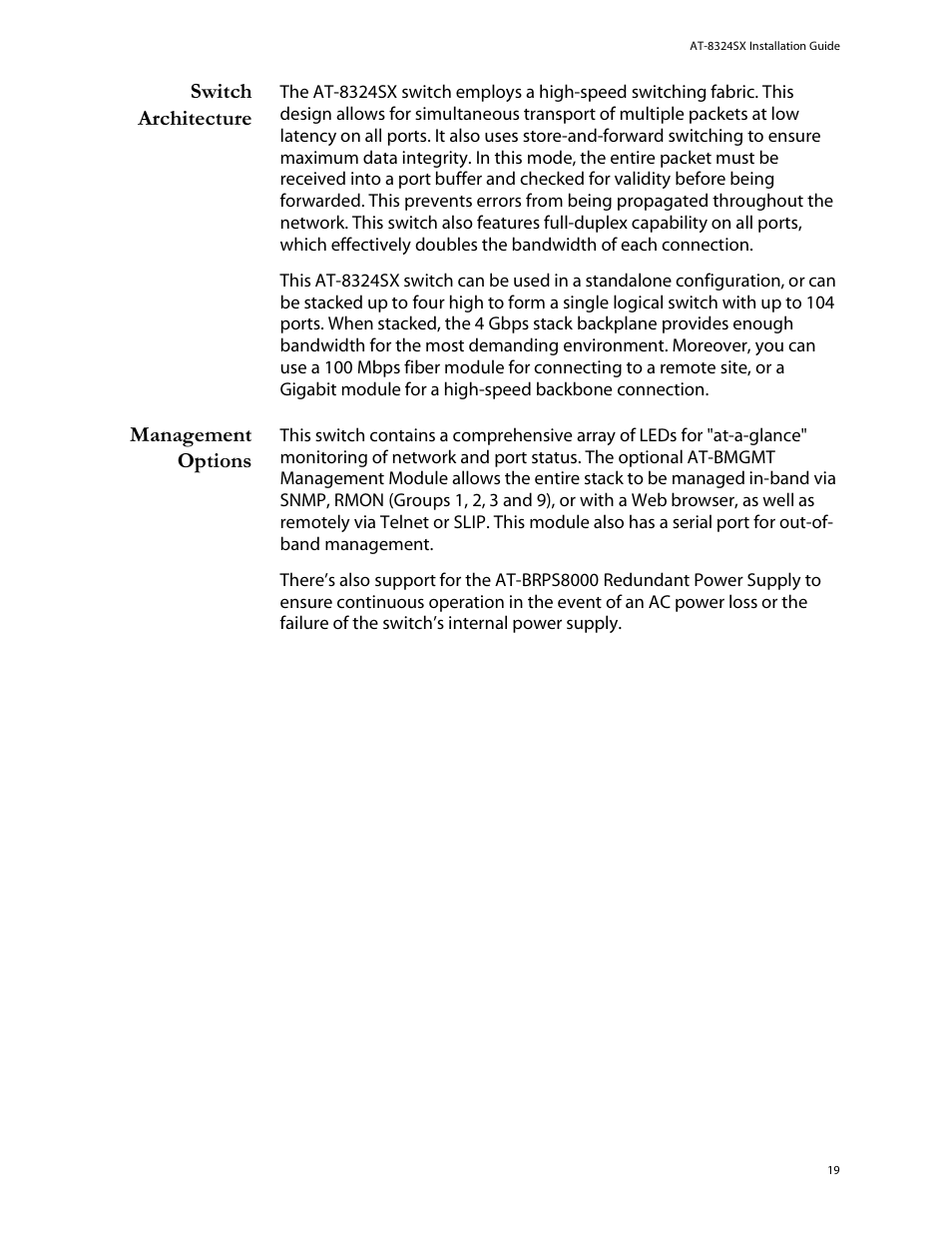 Switch architecture, Management options | Allied Telesis AT-8324SX User Manual | Page 19 / 81