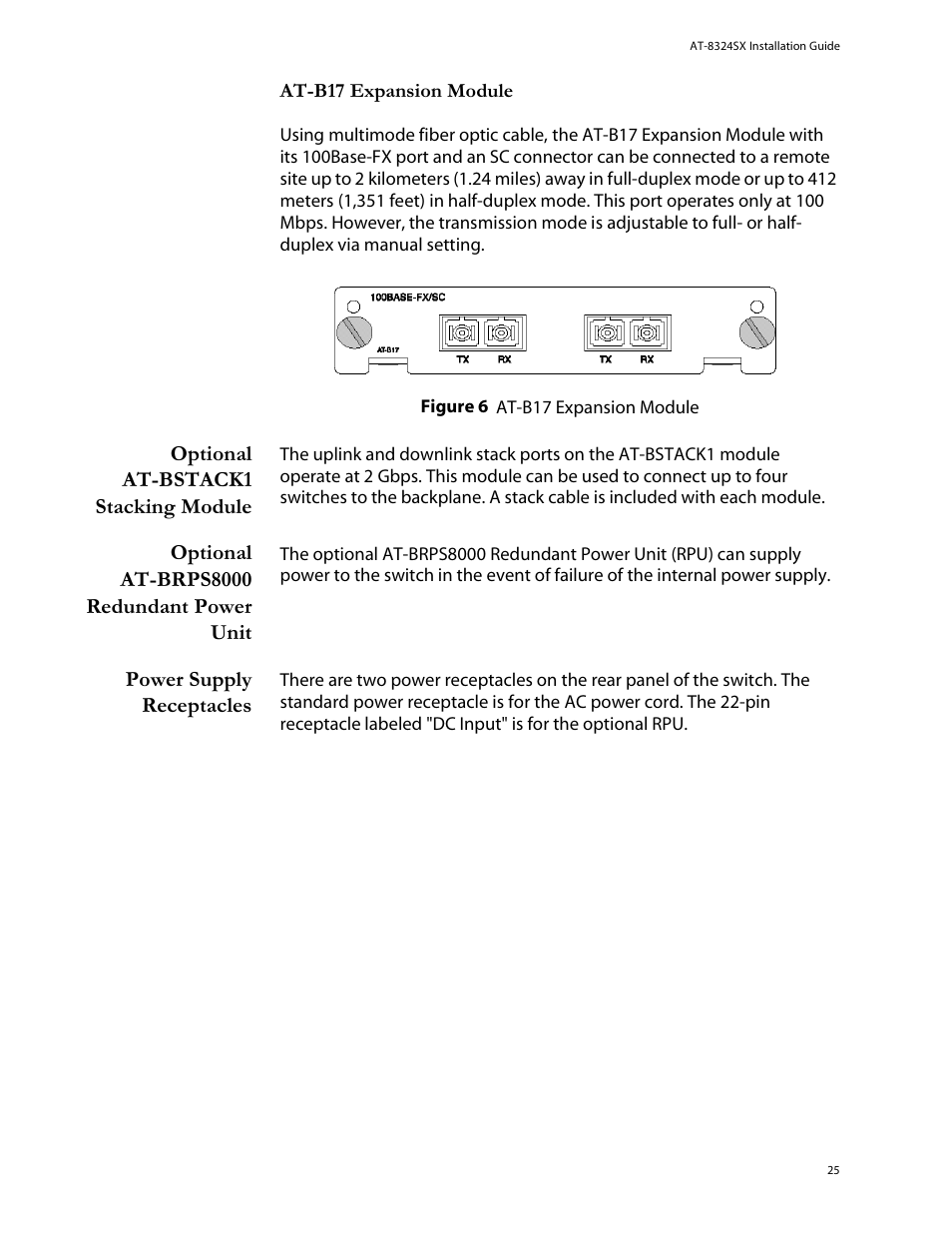 Optional atbstack1 stacking module, Optional atbrps8000 redundant power unit, Power supply receptacles | Optional at-bstack1 stacking modul, Optional at-brps8000 redundant power unit | Allied Telesis AT-8324SX User Manual | Page 25 / 81