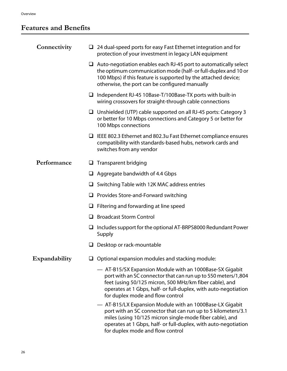 Features and benefits, Connectivity, Performance | Expandability | Allied Telesis AT-8324SX User Manual | Page 26 / 81