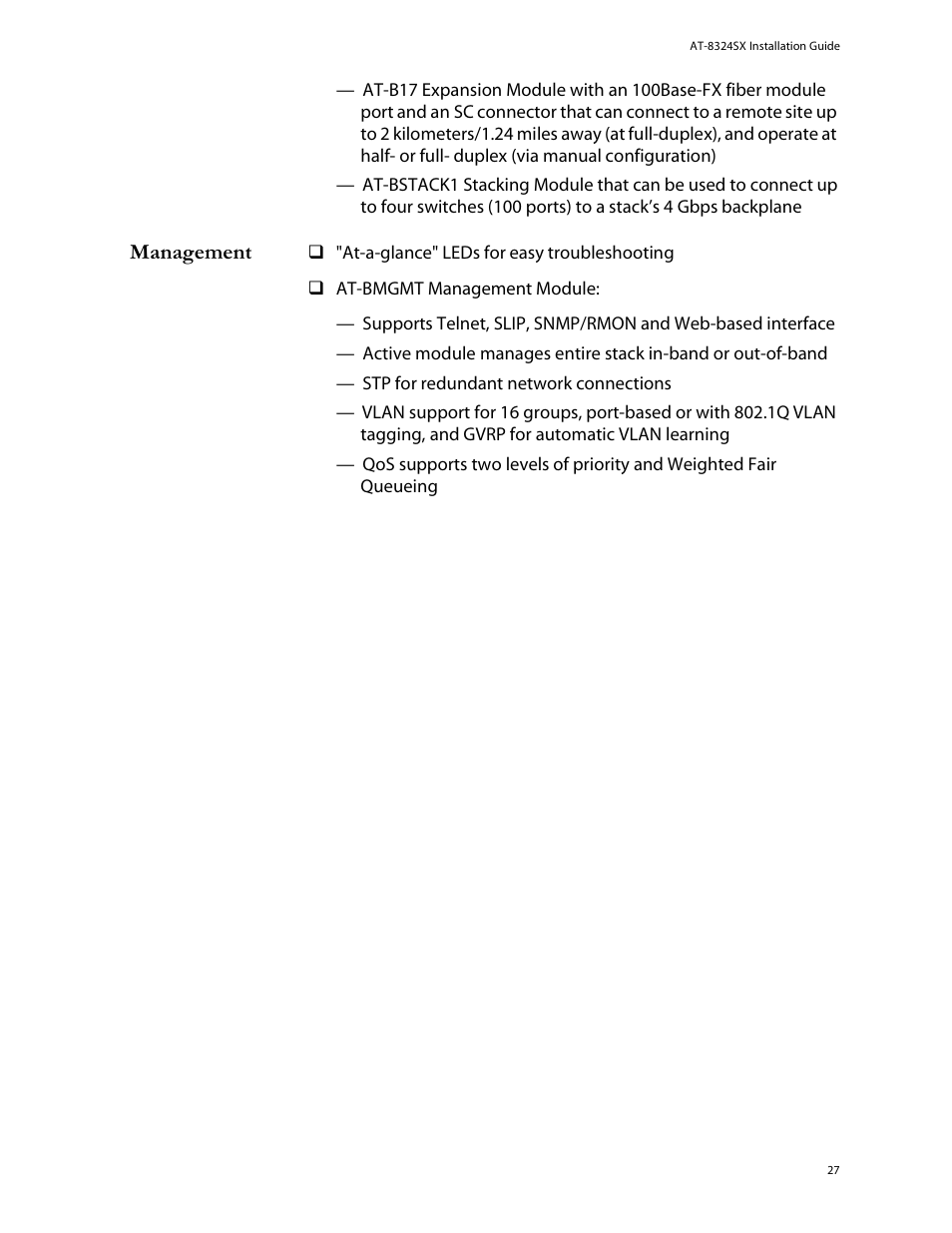 Management | Allied Telesis AT-8324SX User Manual | Page 27 / 81