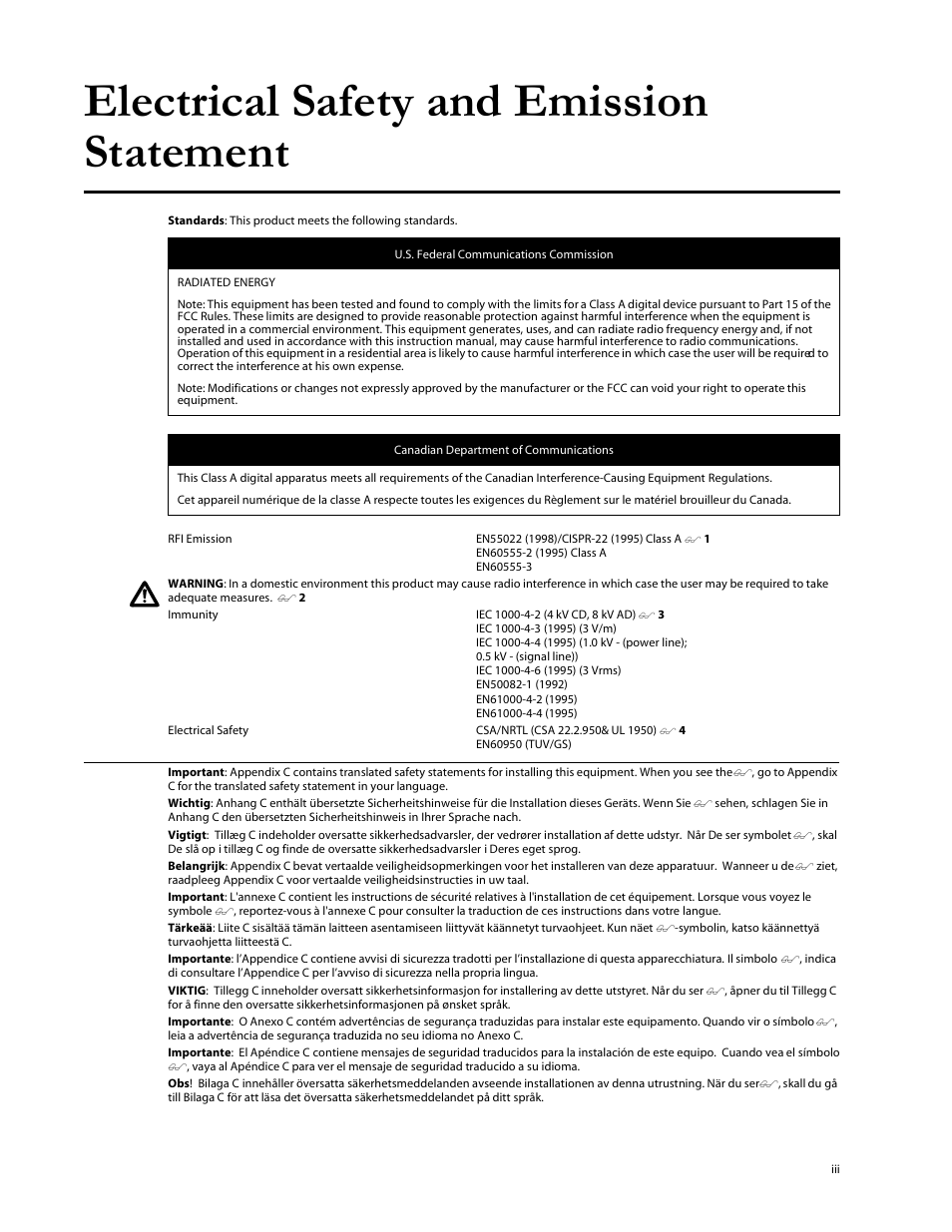 Electrical safety and emission statement | Allied Telesis AT-8324SX User Manual | Page 3 / 81