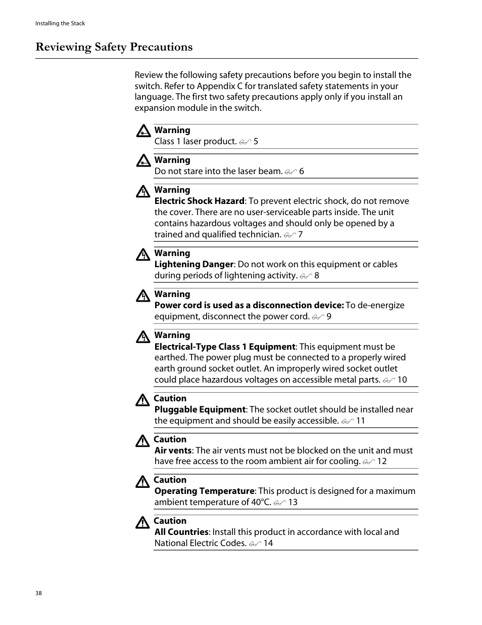Reviewing safety precautions | Allied Telesis AT-8324SX User Manual | Page 38 / 81