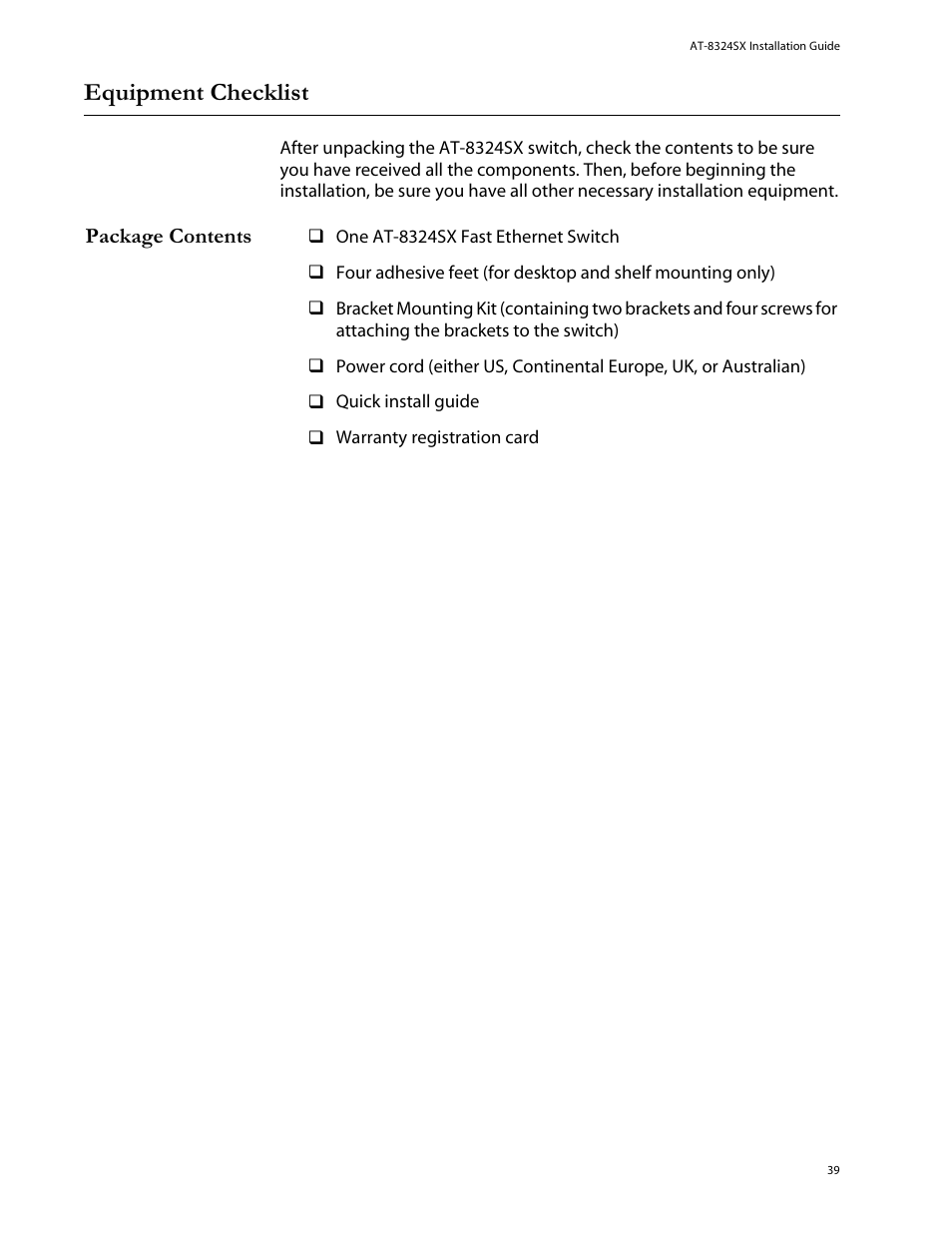 Equipment checklist, Package contents | Allied Telesis AT-8324SX User Manual | Page 39 / 81