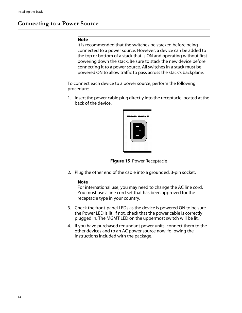 Connecting to a power source | Allied Telesis AT-8324SX User Manual | Page 44 / 81