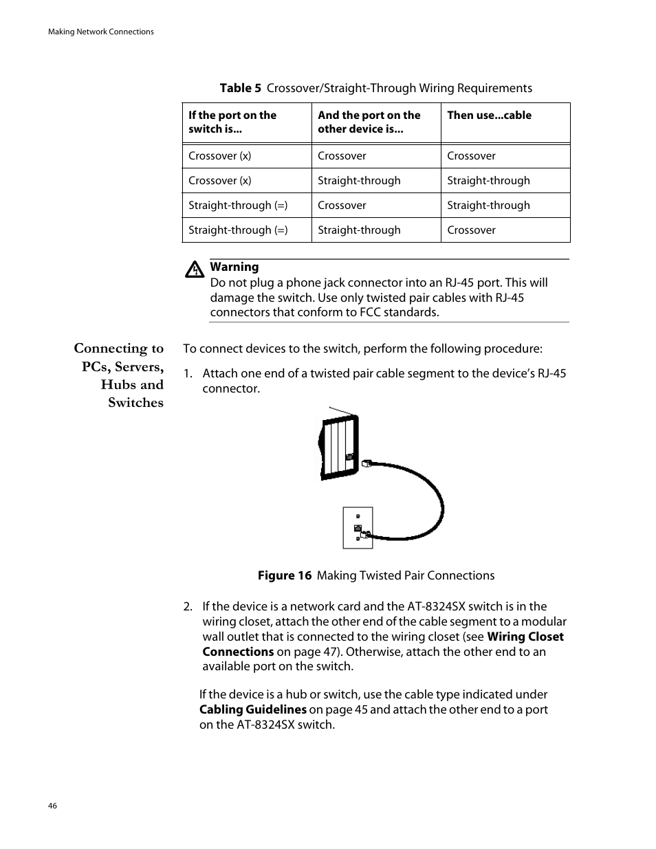 Connecting to pcs, servers, hubs and switches | Allied Telesis AT-8324SX User Manual | Page 46 / 81