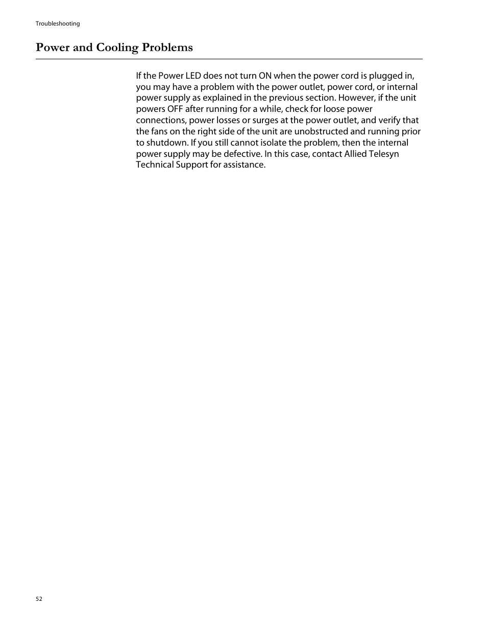 Power and cooling problems | Allied Telesis AT-8324SX User Manual | Page 52 / 81