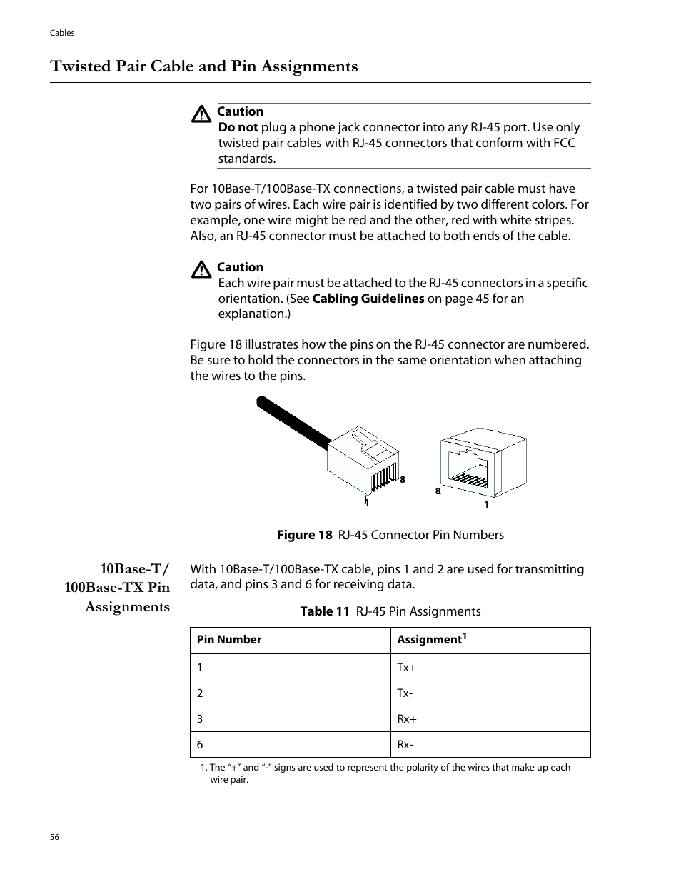 Twisted pair cable and pin assignments, 10base-t/ 100base-tx pin assignments, Twisted-pair cable and pin assignments | 10base-t/100base-tx pin assignments | Allied Telesis AT-8324SX User Manual | Page 56 / 81