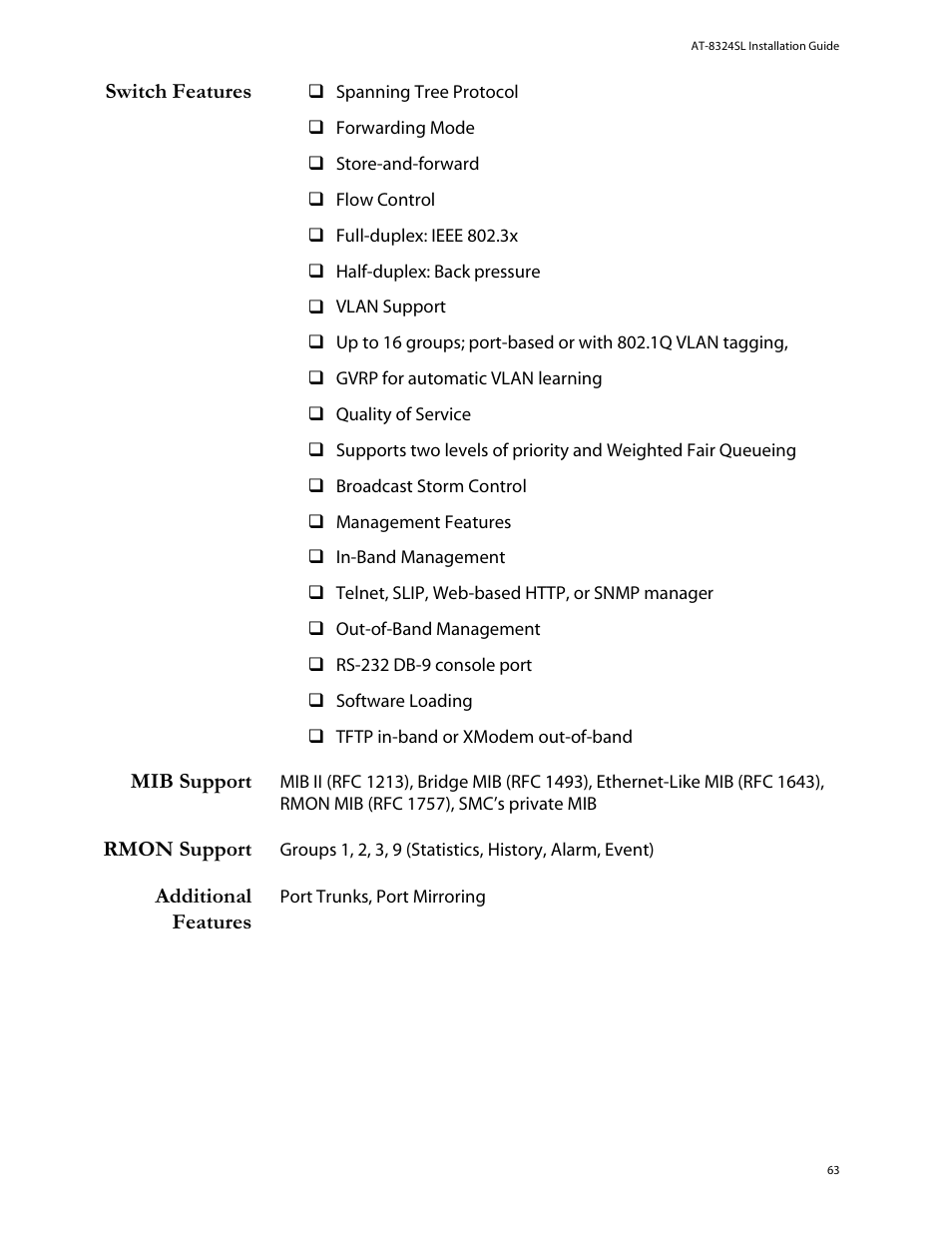 Switch features, Mib support, Rmon support | Additional features | Allied Telesis AT-8324SX User Manual | Page 63 / 81