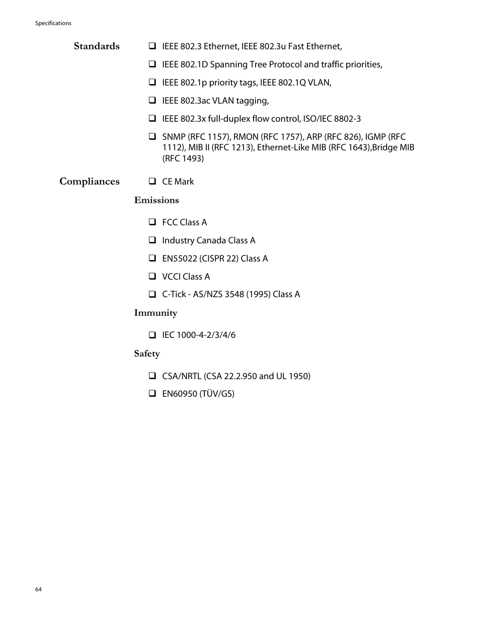Standards, Compliances | Allied Telesis AT-8324SX User Manual | Page 64 / 81