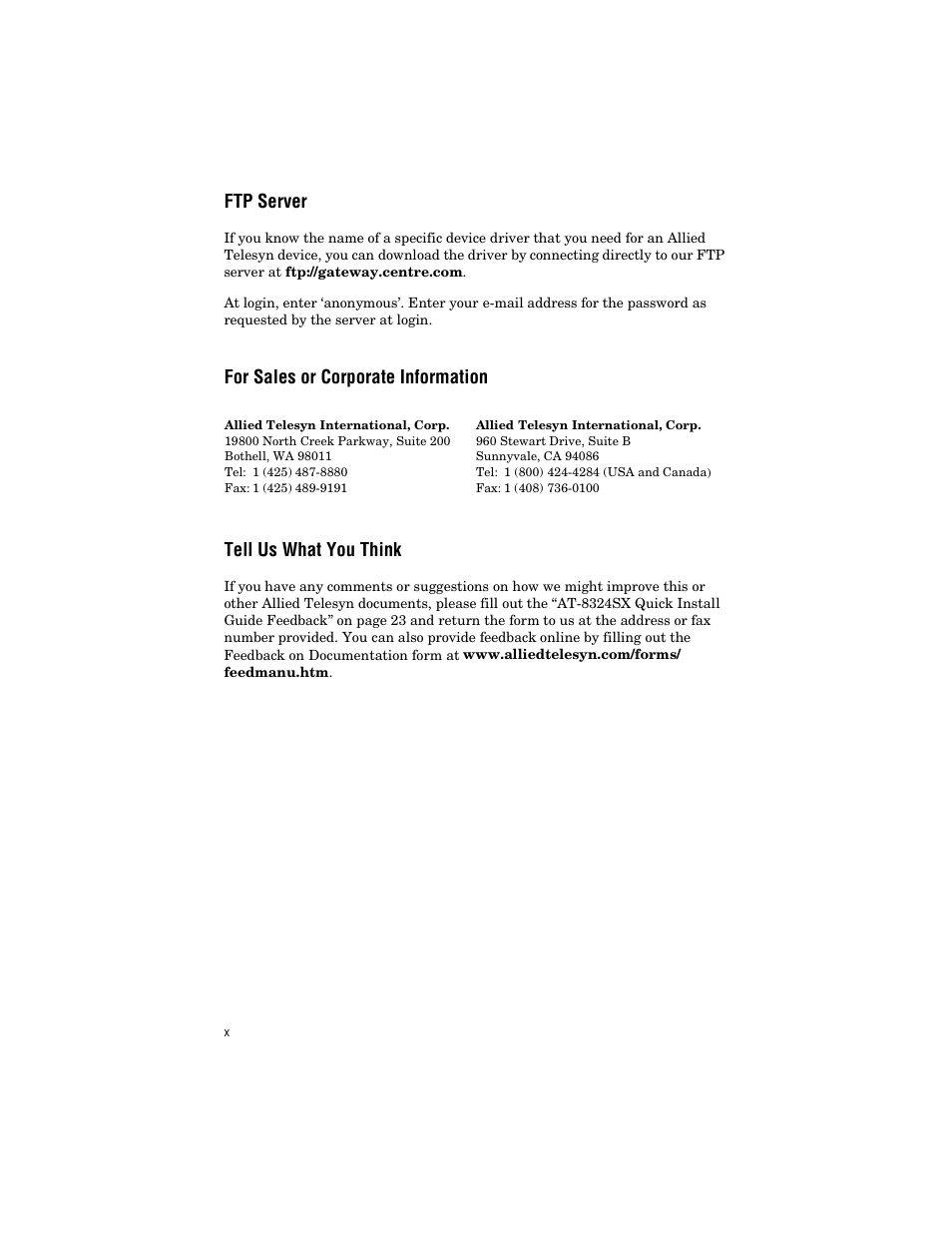 Ftp server, For sales or corporate information, Tell us what you think | Allied Telesis AT-8324SX User Manual | Page 10 / 34