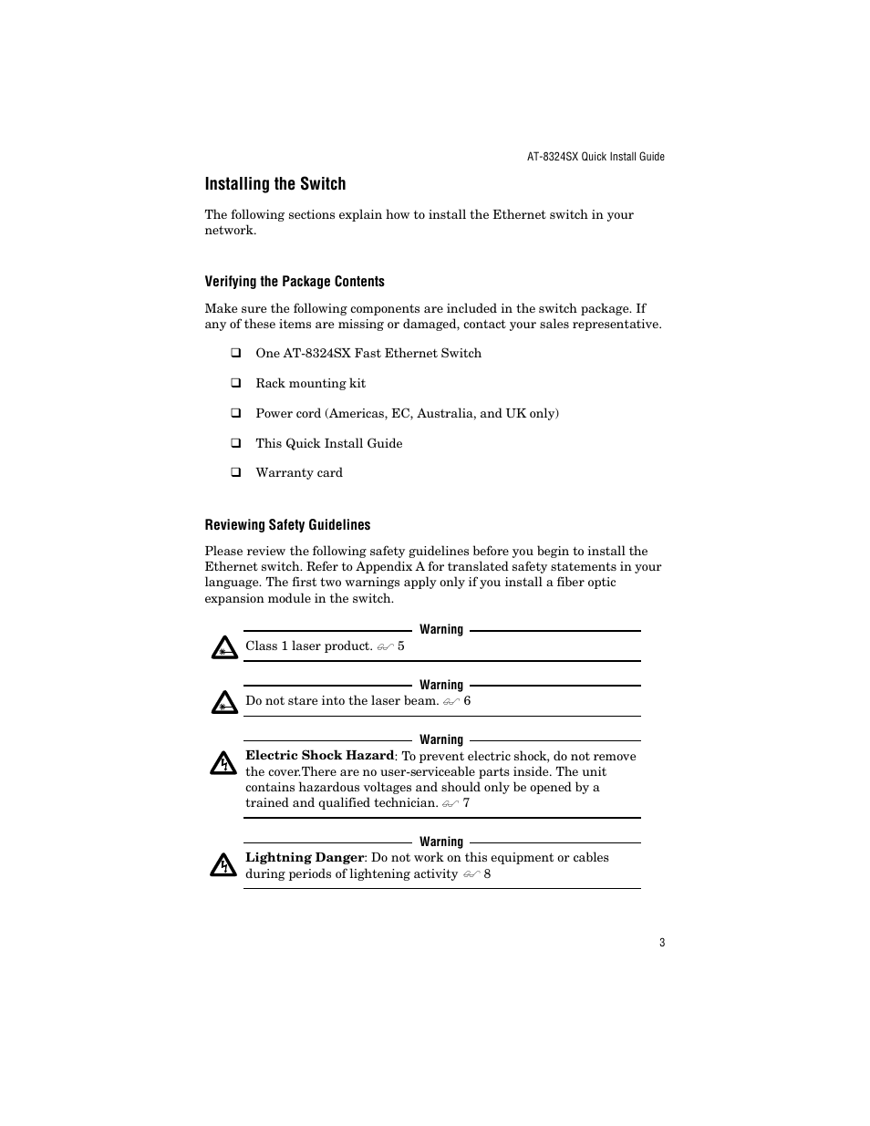 Installing the switch, Verifying the package contents, Reviewing safety guidelines | Allied Telesis AT-8324SX User Manual | Page 13 / 34
