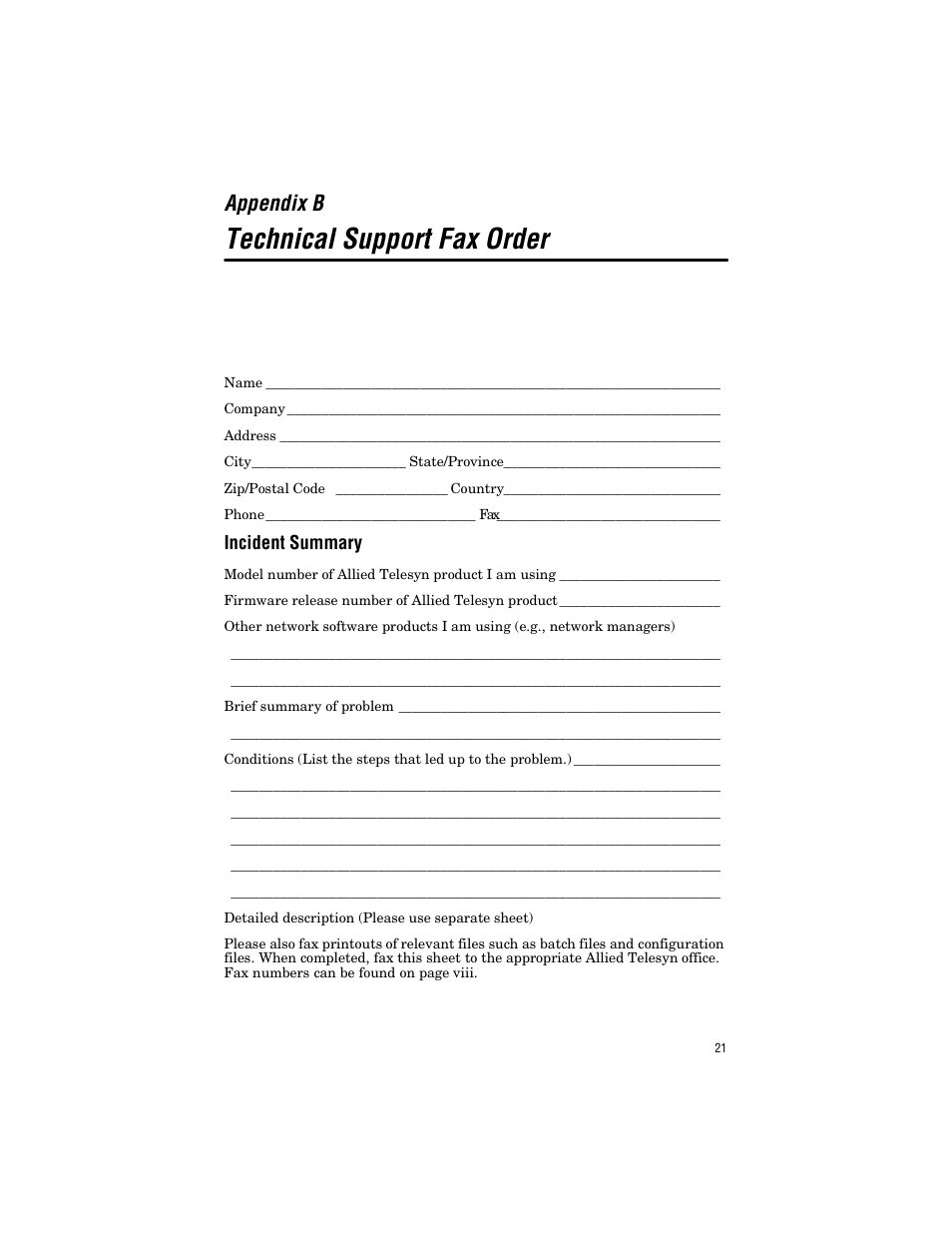 Appendix b, Technical support fax order, Incident summary | Allied Telesis AT-8324SX User Manual | Page 31 / 34