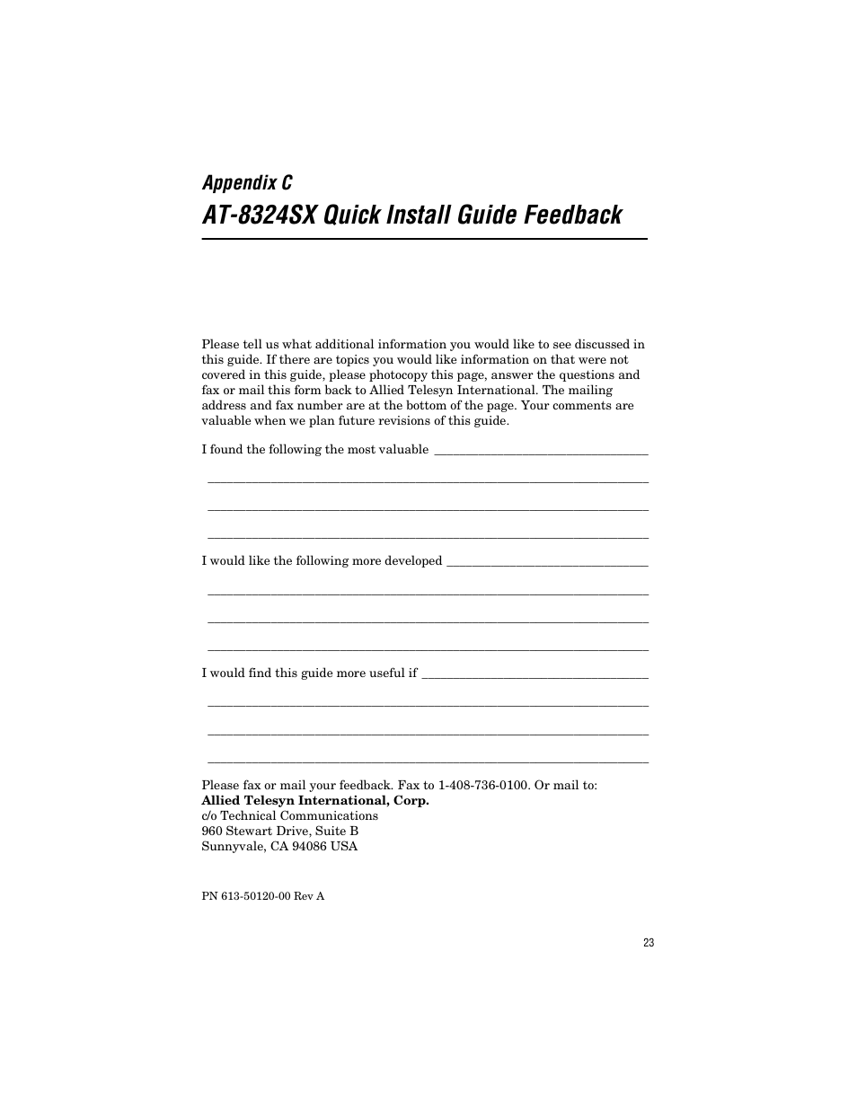 Appendix c, At-8324sx quick install guide feedback | Allied Telesis AT-8324SX User Manual | Page 33 / 34