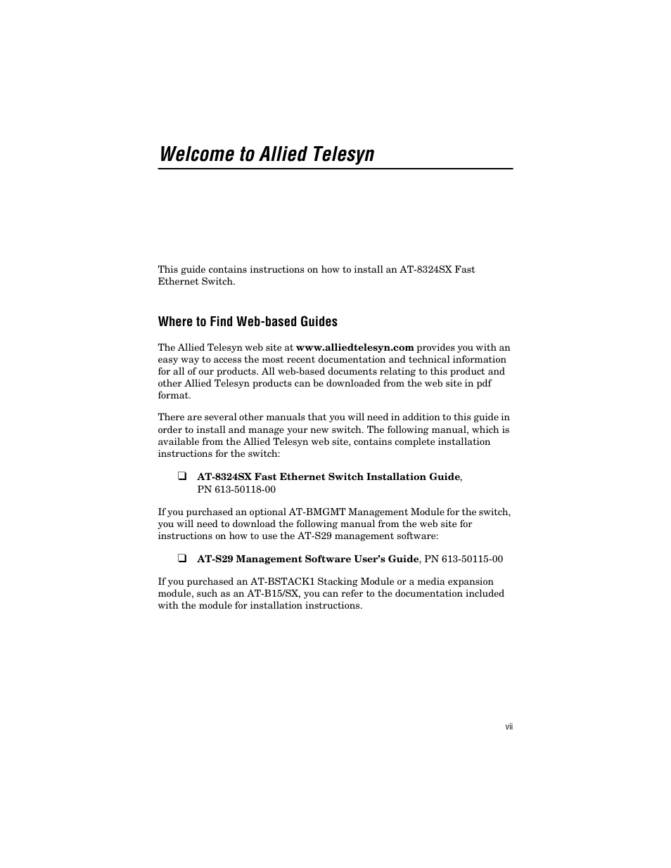 Welcome to allied telesyn, Where to find web-based guides | Allied Telesis AT-8324SX User Manual | Page 7 / 34