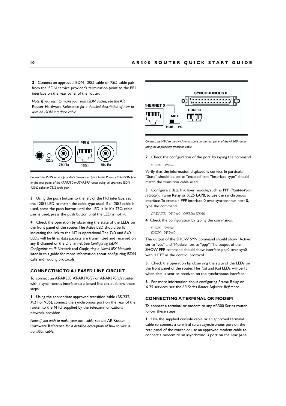 Connecting to a leased line circuit, Connecting a terminal or modem | Allied Telesis AR300 SERIES ROUTER User Manual | Page 10 / 27