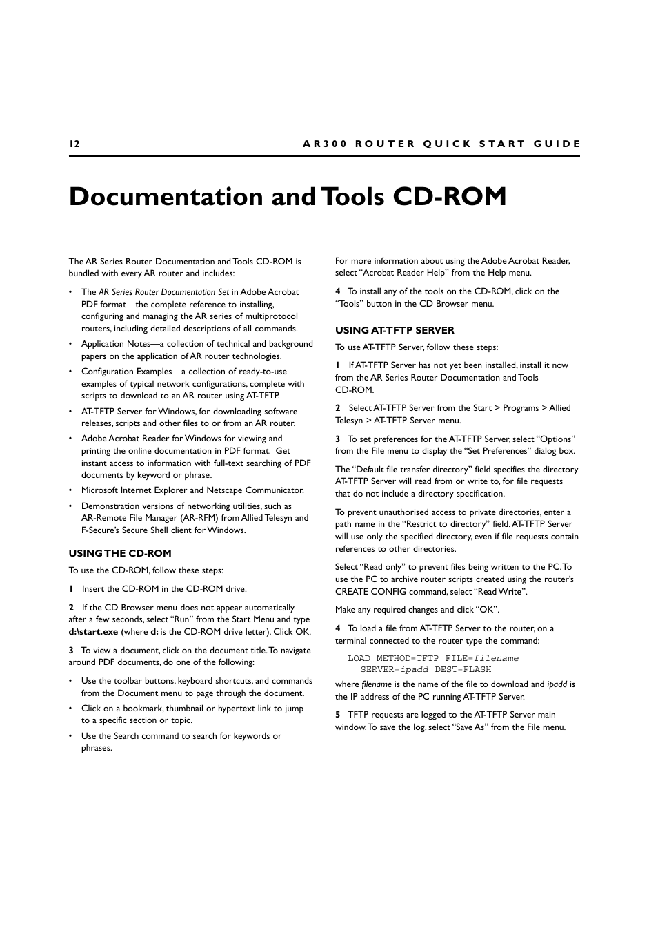 Documentation and tools cd-rom, Using the cd-rom, Using at-tftp server | Allied Telesis AR300 SERIES ROUTER User Manual | Page 12 / 27