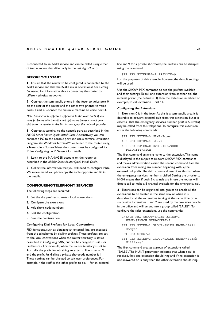 Before you start, Configuring telephony services | Allied Telesis AR300 SERIES ROUTER User Manual | Page 25 / 27