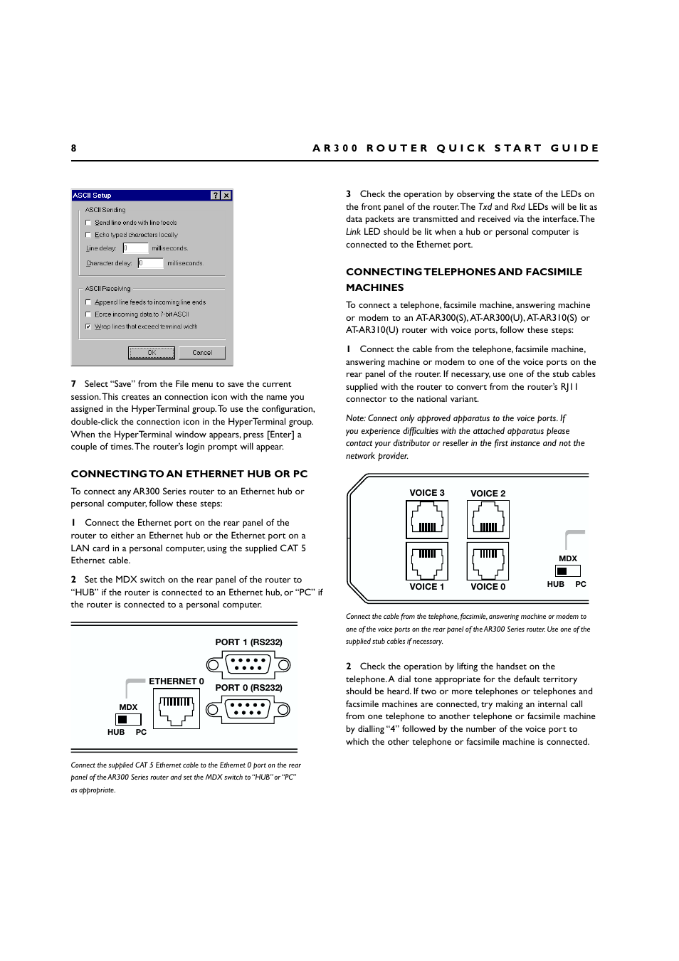 Connecting to an ethernet hub or pc, Connecting telephones and facsimile machines | Allied Telesis AR300 SERIES ROUTER User Manual | Page 8 / 27