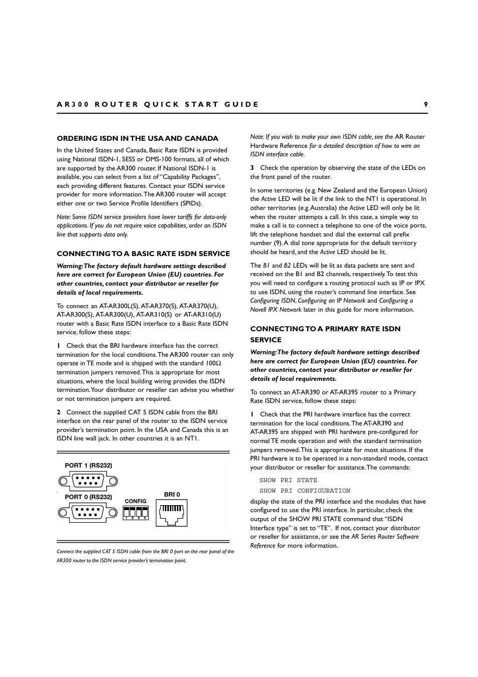 Ordering isdn in the usa and canada, Connecting to a basic rate isdn service, Connecting to a primary rate isdn service | Allied Telesis AR300 SERIES ROUTER User Manual | Page 9 / 27