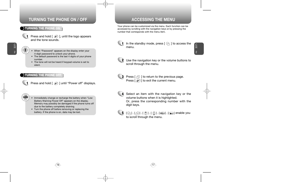 Accessing the menu, Turning the phone on / off | Audiovox CDM-8200 User Manual | Page 10 / 51