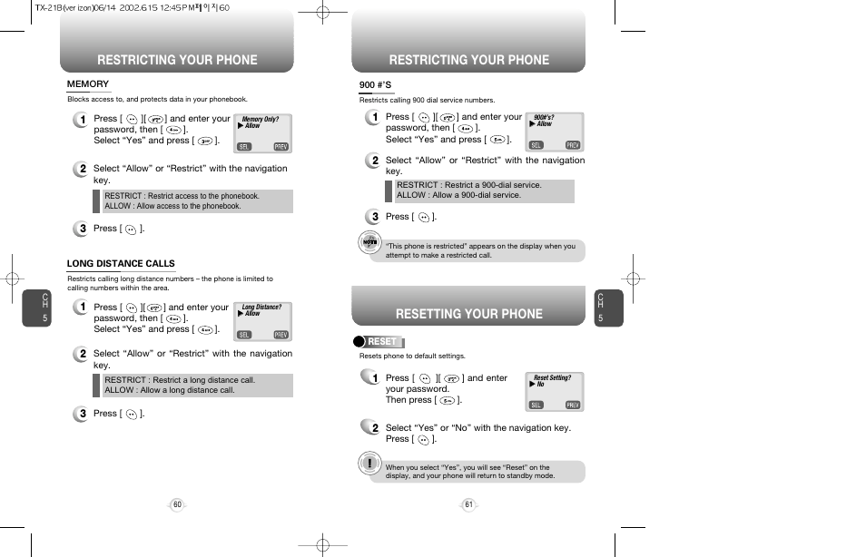 Restricting your phone, Resetting your phone | Audiovox CDM-8200 User Manual | Page 32 / 51