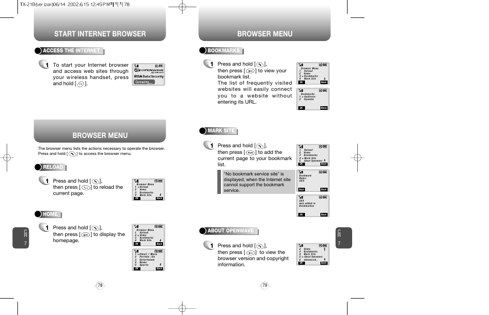 Start internet browser browser menu, Browser menu, Reload | Access the internet, Home, Bookmarks, Mark site, About openwave, Ch 7 | Audiovox CDM-8200 User Manual | Page 41 / 51